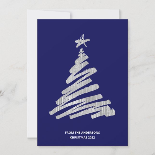 Christmas Tree Faux Silver Foil and Blue Holiday Card (Front)