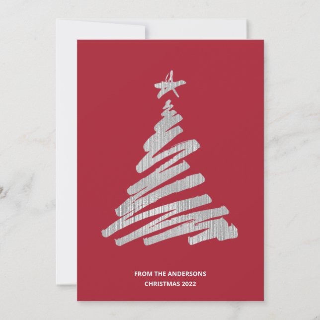 Christmas Tree Faux Silver Foil and Red Holiday Card (Front)