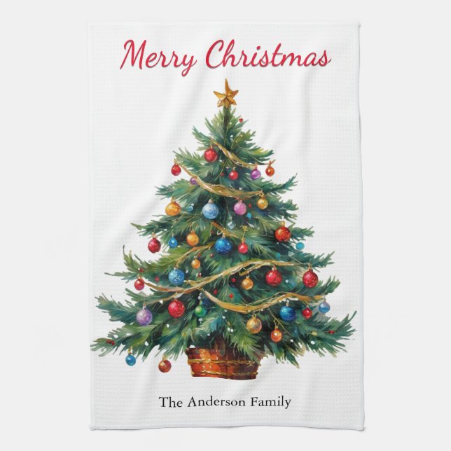 Christmas Tree Festive Winter Holiday Personalised Tea Towel (Vertical)