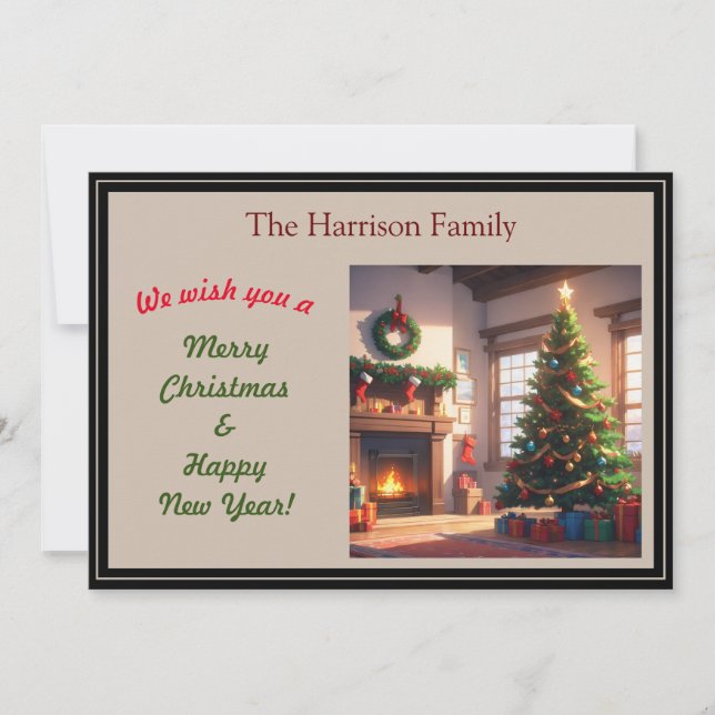 Christmas Tree & Fireplace with Stockings Holiday Card (Front)