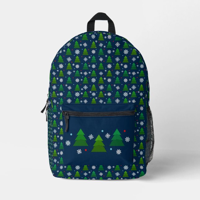 Christmas tree forest, snowflakes and red blue dot printed backpack (Front)
