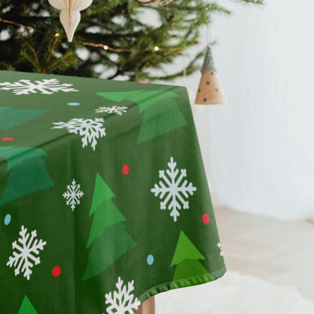 Christmas tree forest, snowflakes and red blue dot tablecloth (Modern Christmas trees with snowflakes and dots green tablecloth)