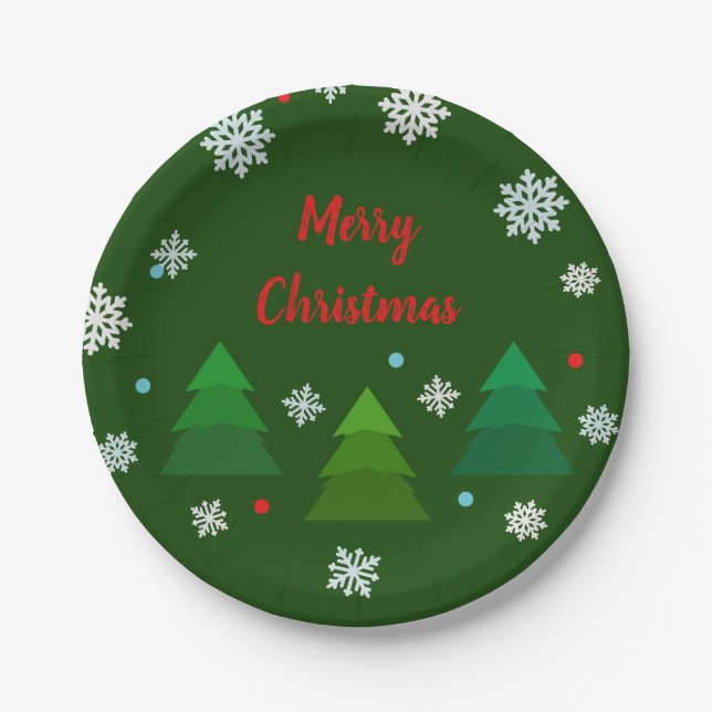 Christmas tree forest, snowflakes, red blue dots paper plate (Front)