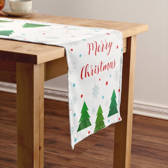 Christmas tree forest, snowflakes, red blue dots short table runner (In Situ)
