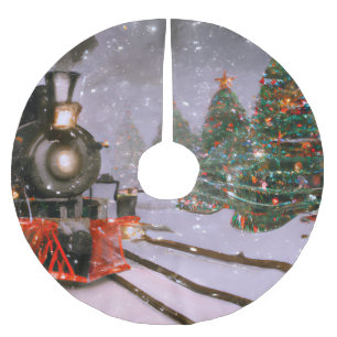 Christmas tree forest train brushed polyester tree skirt