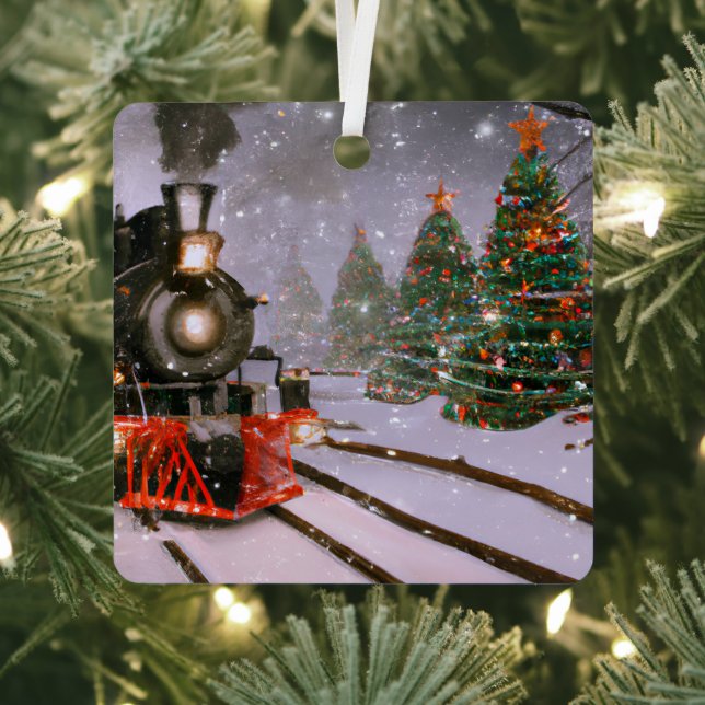 Christmas tree forest train Metal Ornament (Insitu)
