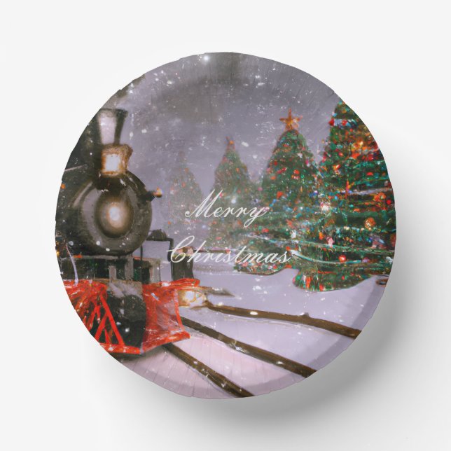 Christmas tree forest train paper plate (Front)