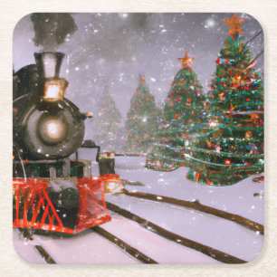 Christmas tree forest train square paper coaster