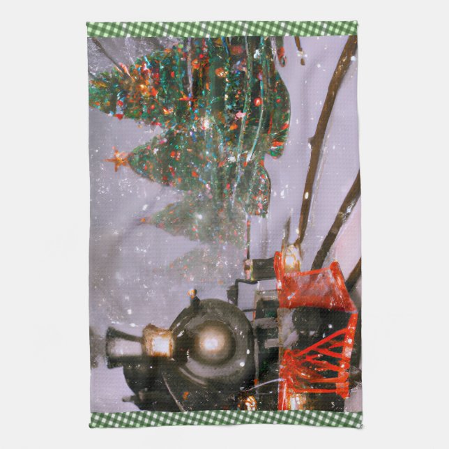 Christmas tree forest train  tea towel (Vertical)