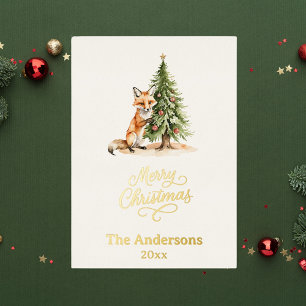 Christmas tree fox cute photo year in review foil holiday card