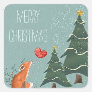 Christmas Tree Fox Heart Balloon Square Sticker