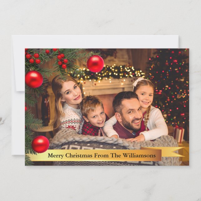Christmas Tree Frame Gold Ribbon Christmas Holiday Card (Front)