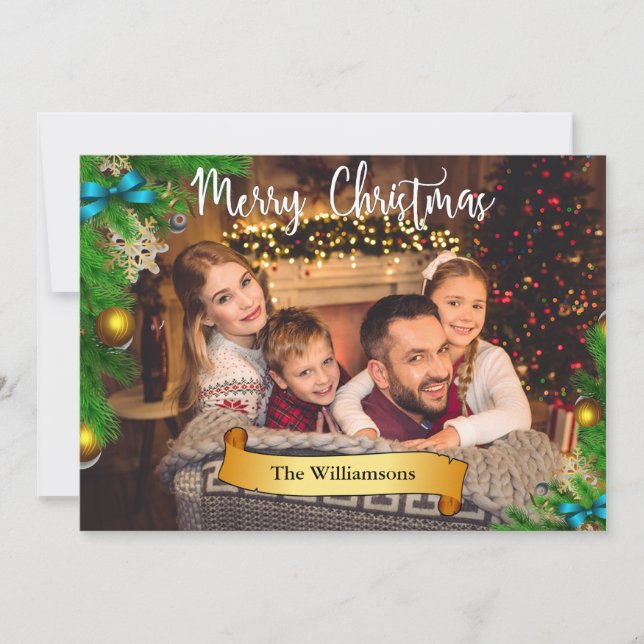 Christmas Tree Frame White Merry Christmas Photo Holiday Card (Front)