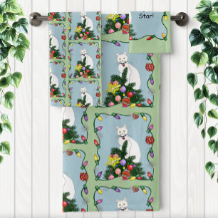 Christmas Tree Funny White Cat Bath Towel Set