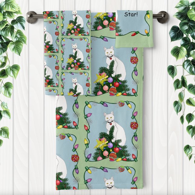 Christmas Tree Funny White Cat Bath Towel Set (Creator Uploaded)