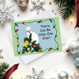 Christmas Tree Funny White Cat Holiday Card