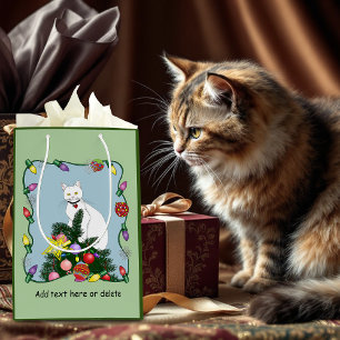 Christmas Tree Funny White Cat Medium Gift Bag