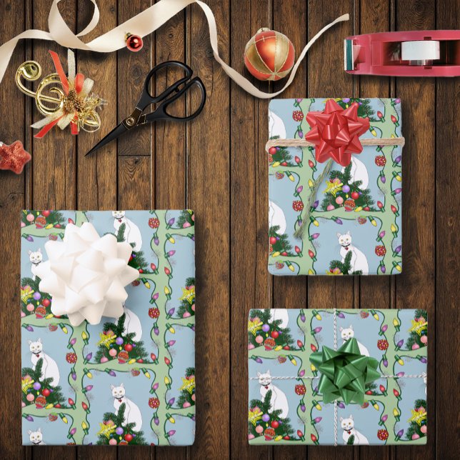 Christmas Tree Funny White Cat Wrapping Paper Sheet (Creator Uploaded)