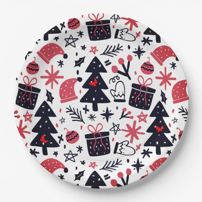 Christmas Tree, Gifts And Decorations Paper Plate (Front)