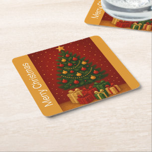 🎄 Christmas Tree & Gifts – Classic Holiday Design Square Paper Coaster
