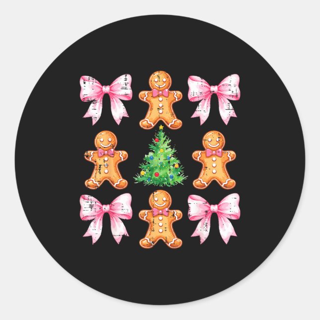 Christmas Tree Gingerbread Man Bow Pattern Xmas Gi Classic Round Sticker (Front)