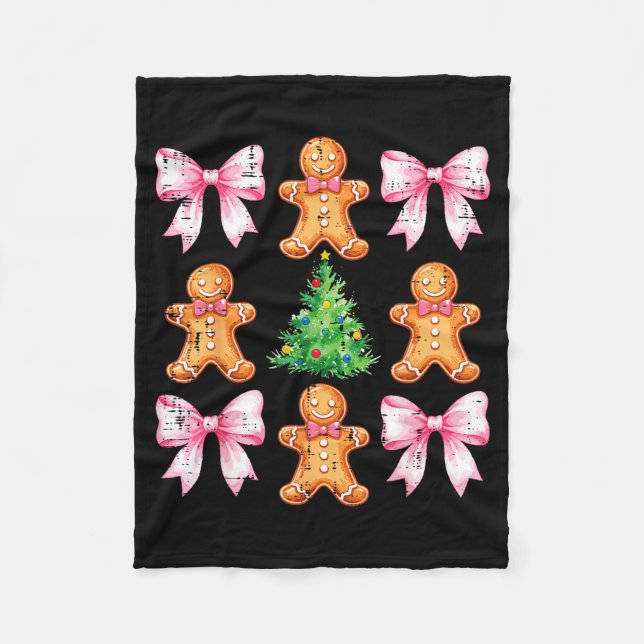 Christmas Tree Gingerbread Man Bow Pattern Xmas Gi Fleece Blanket (Front)