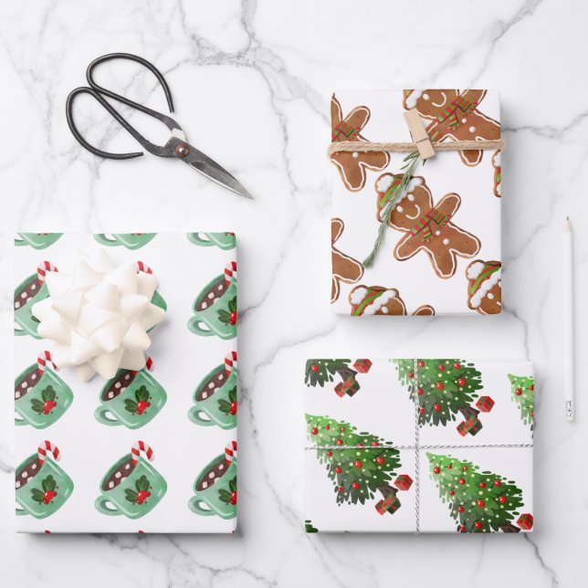 Christmas Tree Gingerbread Man Hot Cocoa Holidays Wrapping Paper Sheet (Front)