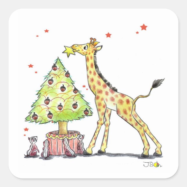 Christmas tree & giraffe square sticker (Front)