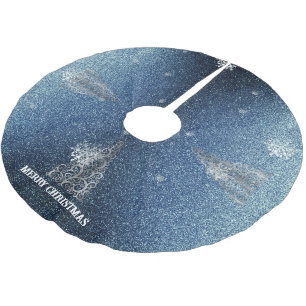 Christmas Tree Glitter and Snowflakes Blue Brushed Polyester Tree Skirt