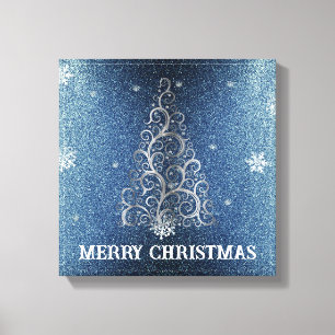 Christmas Tree Glitter and Snowflakes Blue Canvas Print