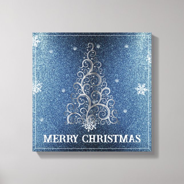 Christmas Tree Glitter and Snowflakes | Blue Canvas Print (Front)