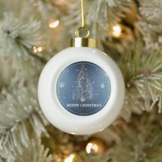Christmas Tree Glitter and Snowflakes | Blue Ceramic Ball Christmas Ornament (Tree)
