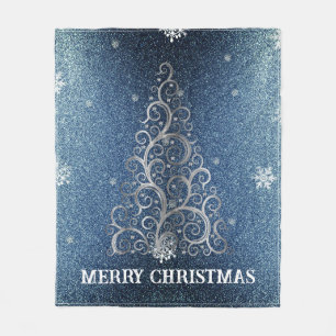Christmas Tree Glitter and Snowflakes Blue Fleece Blanket