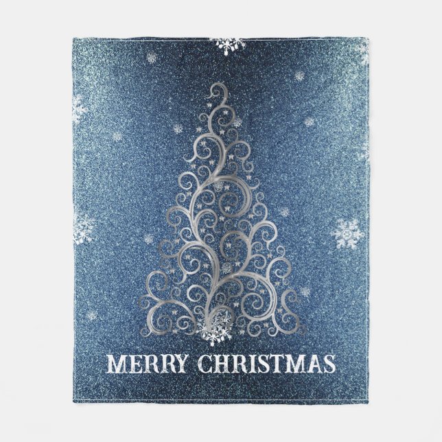 Christmas Tree Glitter and Snowflakes | Blue Fleece Blanket (Front)