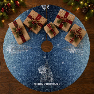 Christmas Tree Glitter and Snowflakes Blue Fleece Tree Skirt