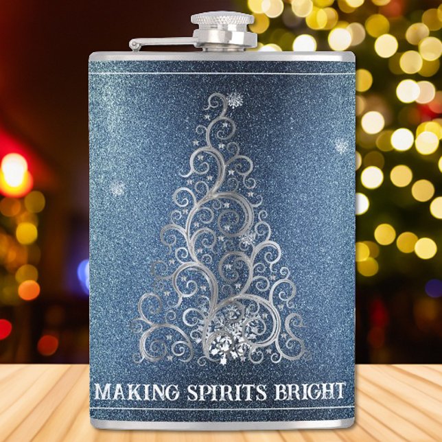 Christmas Tree Glitter and Snowflakes | Blue Hip Flask (Blue Christmas Tree Glitter and Snowflakes Flask)
