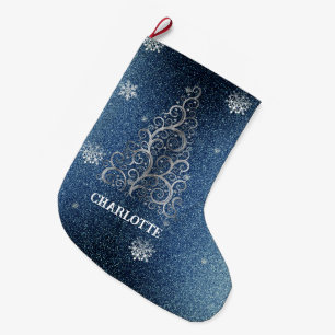 Christmas Tree Glitter and Snowflakes Blue Large Christmas Stocking