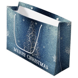 Christmas Tree Glitter and Snowflakes   Blue Large Gift Bag