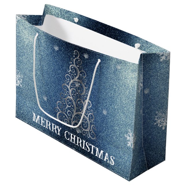 Christmas Tree Glitter and Snowflakes | Blue Large Gift Bag (Front Angled)