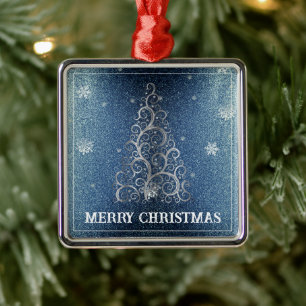 Christmas Tree Glitter and Snowflakes Blue Metal Tree Decoration