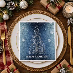 Christmas Tree Glitter and Snowflakes Blue Napkin