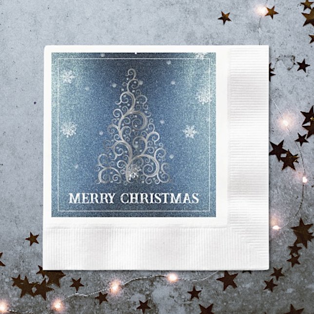 Christmas Tree Glitter and Snowflakes | Blue Napkin (Blue Christmas Tree Glitter and Snowflakes Napkins)