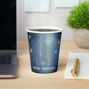 Christmas Tree Glitter and Snowflakes Blue Paper Cups