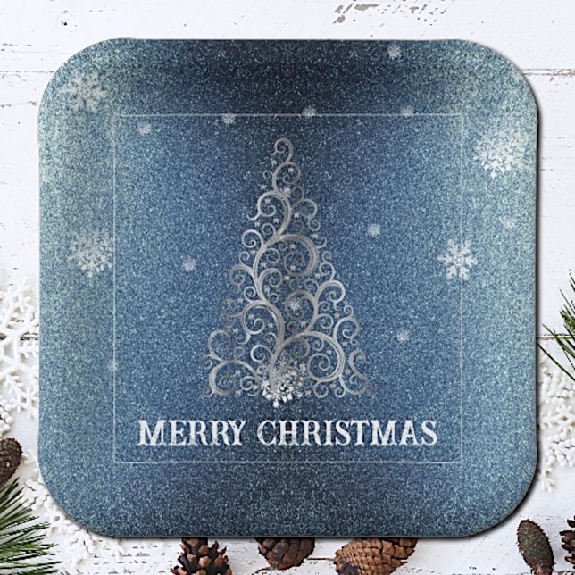 Christmas Tree Glitter and Snowflakes | Blue Paper Plate (Blue Christmas Tree Glitter and Snowflakes Paper Plates)
