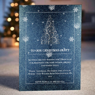 Christmas Tree Glitter and Snowflakes   Blue Party Invitation