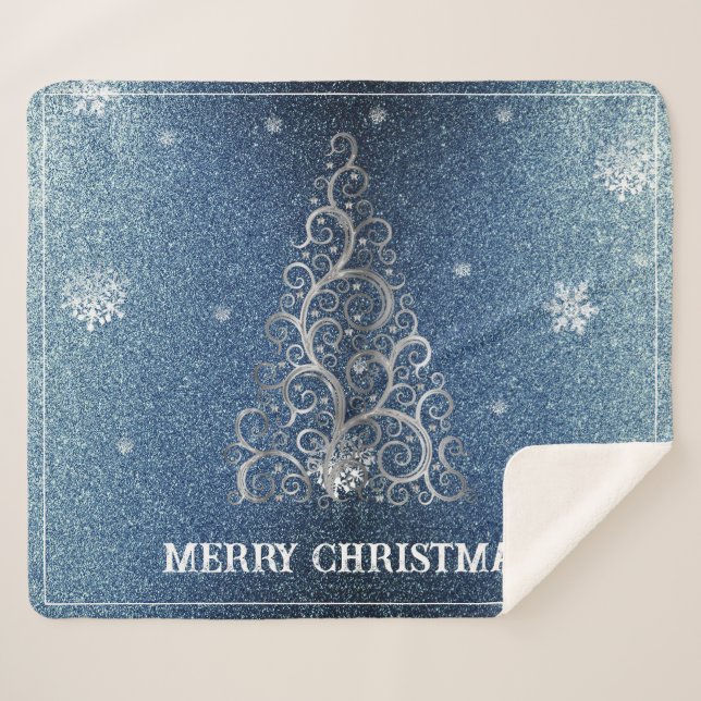 Christmas Tree Glitter and Snowflakes | Blue Sherpa Blanket (Front (Horizontal))