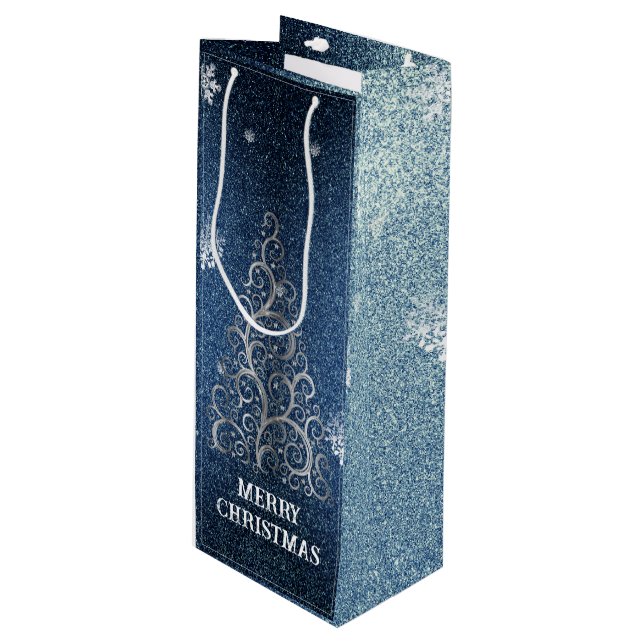 Christmas Tree Glitter and Snowflakes | Blue Wine Gift Bag (Front Angled)