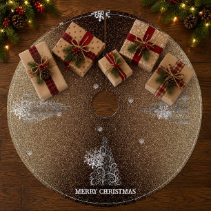 Christmas Tree Glitter and Snowflakes Gold Fleece Tree Skirt