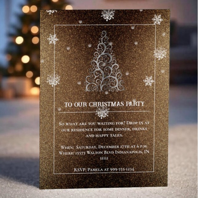 Christmas Tree Glitter and Snowflakes | Gold Invitation (Gold Christmas Tree Glitter and Snowflakes Party Invitation)
