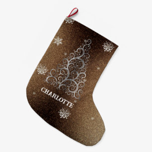 Christmas Tree Glitter and Snowflakes   Gold Large Christmas Stocking